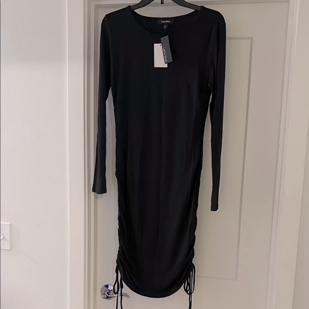 NWT [Lea & Viola] Black Long Sleeve Cinched Rouched Drawstring Dress Women’s S - Picture 3 of 14